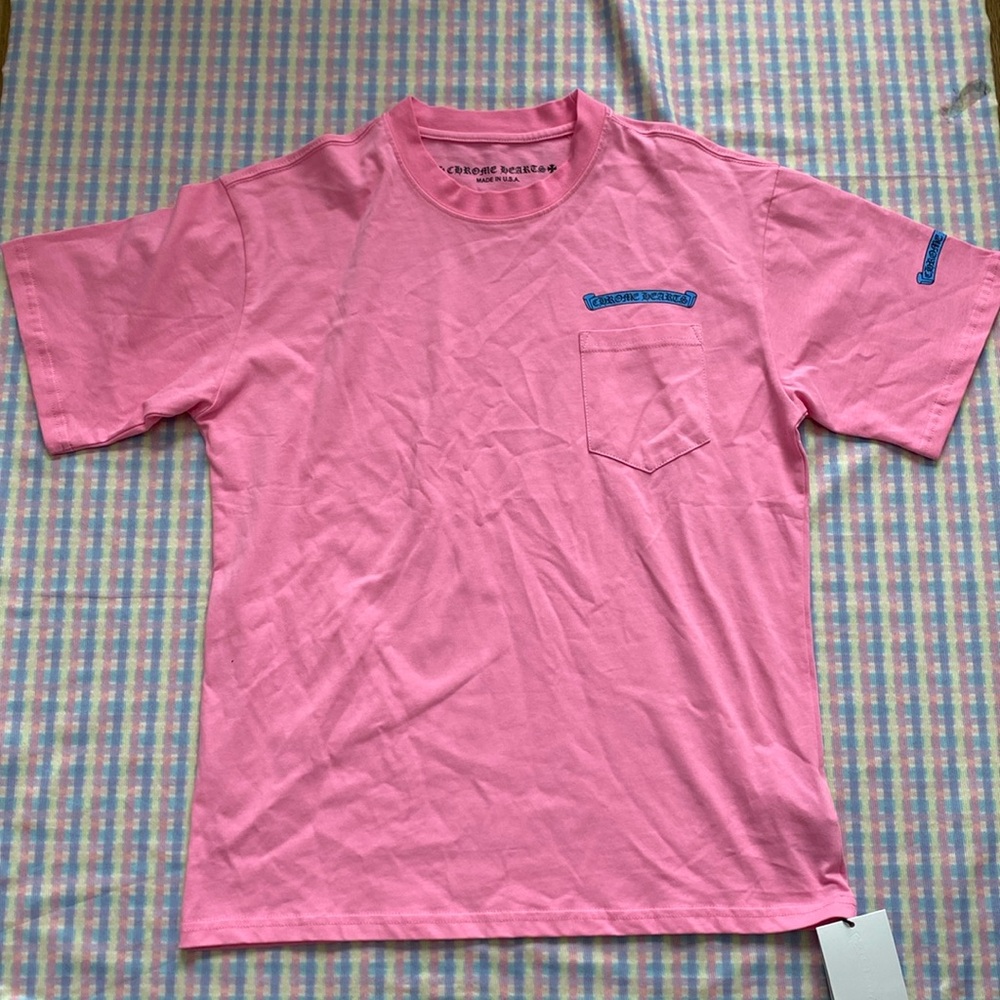 Chrome Hearts That Group Pocket Pink Tee With Blue Scrolls